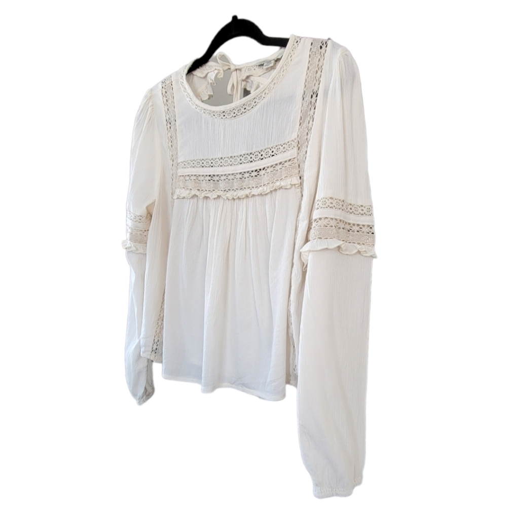 American Eagle Boho Cottagecore Lace Peplum Blouse M Cream Open Back Tie - Picture 4 of 9